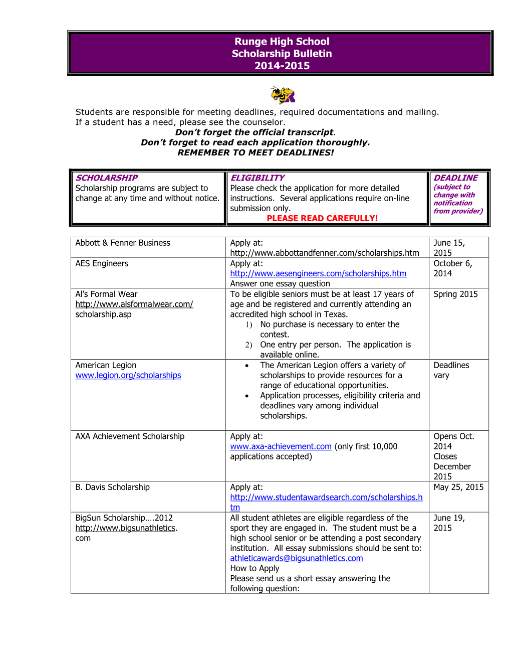 Runge High School Scholarship Bulletin 2014-2015