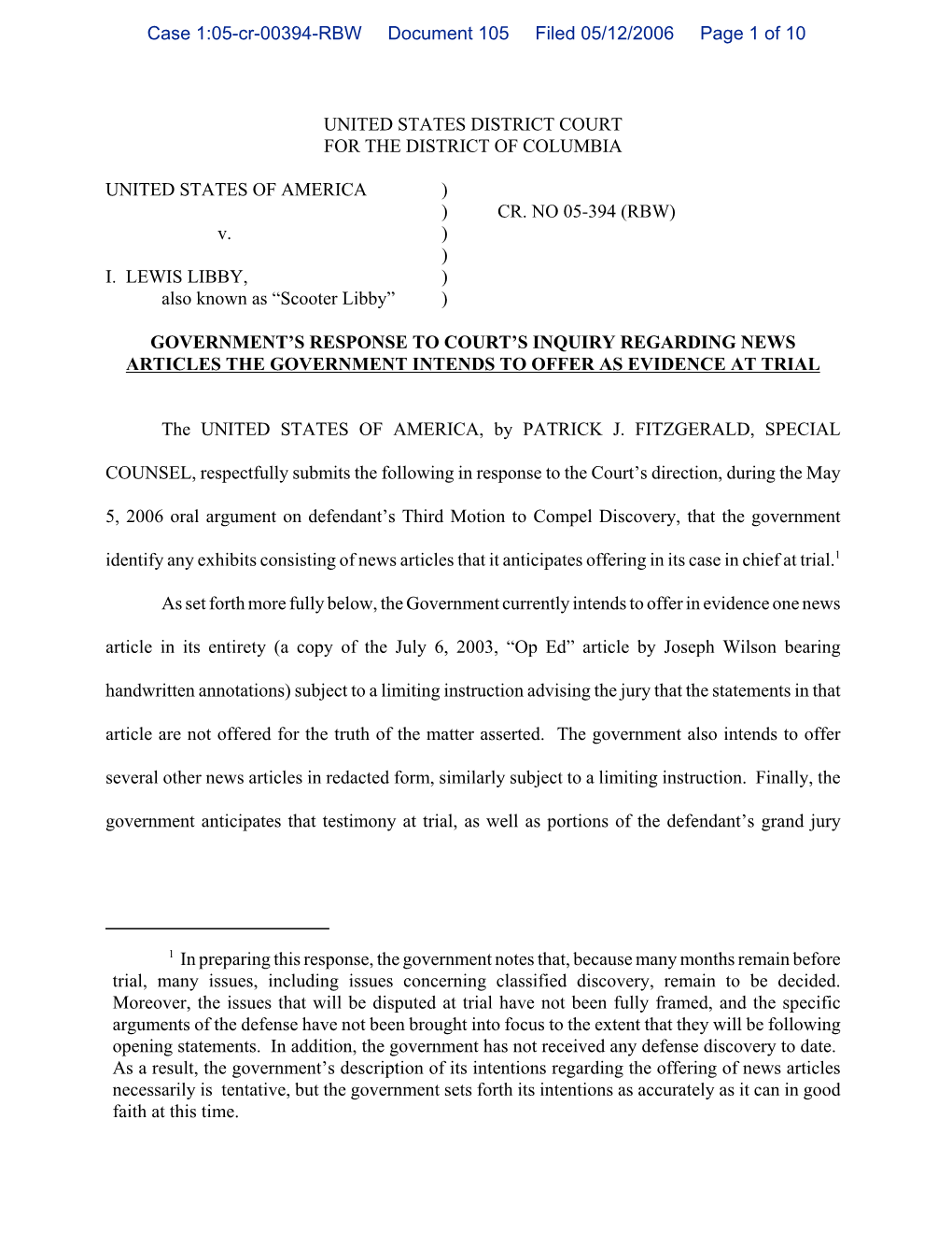Case 1:05-Cr-00394-RBW Document 105 Filed 05/12/2006 Page 1 of 10�