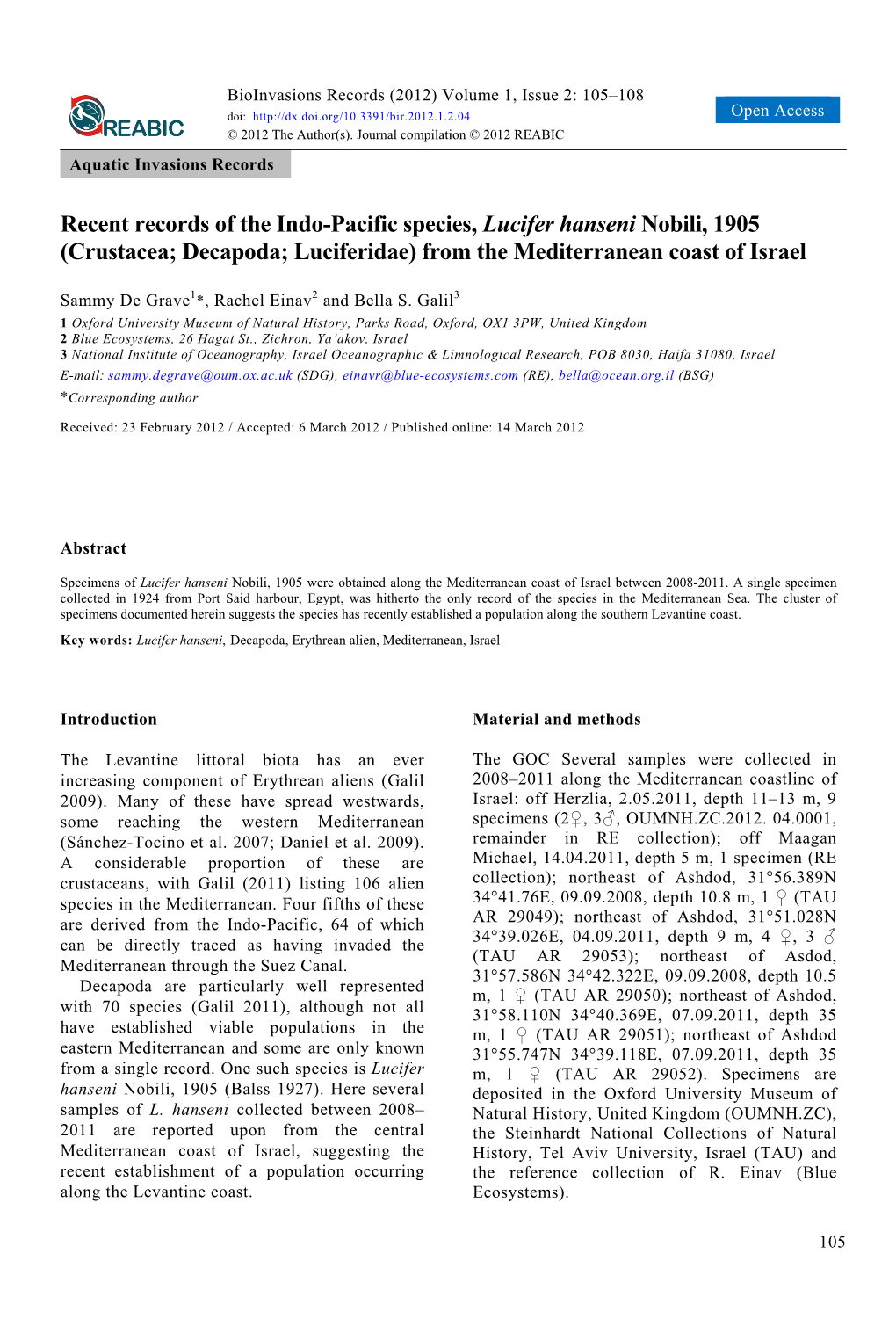 Recent Records of the Indo-Pacific Species, Lucifer Hanseni Nobili, 1905 (Crustacea; Decapoda; Luciferidae) from the Mediterranean Coast of Israel