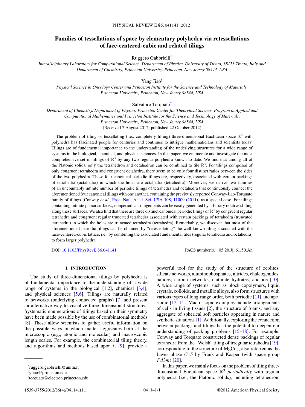 Families of Tessellations of Space by Elementary Polyhedra Via Retessellations of Face-Centered-Cubic and Related Tilings