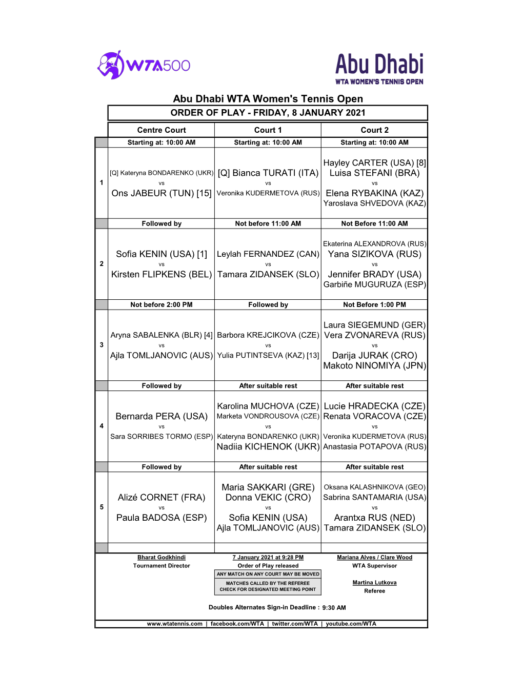 Abu Dhabi WTA Women's Tennis Open ORDER of PLAY - FRIDAY, 8 JANUARY 2021