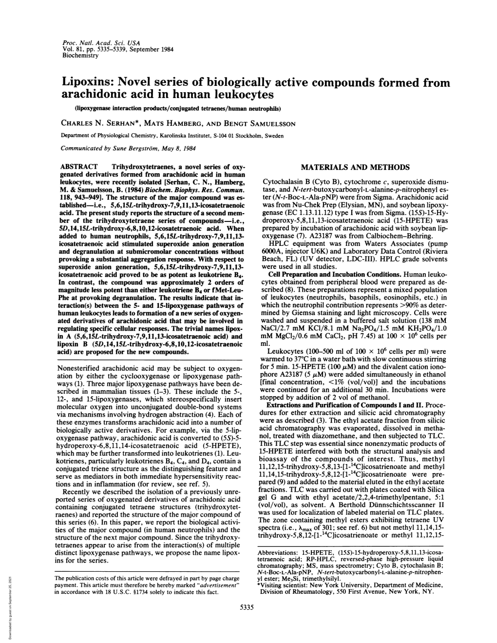 Lipoxins: Novel Series of Biologically Active Compounds Formed From