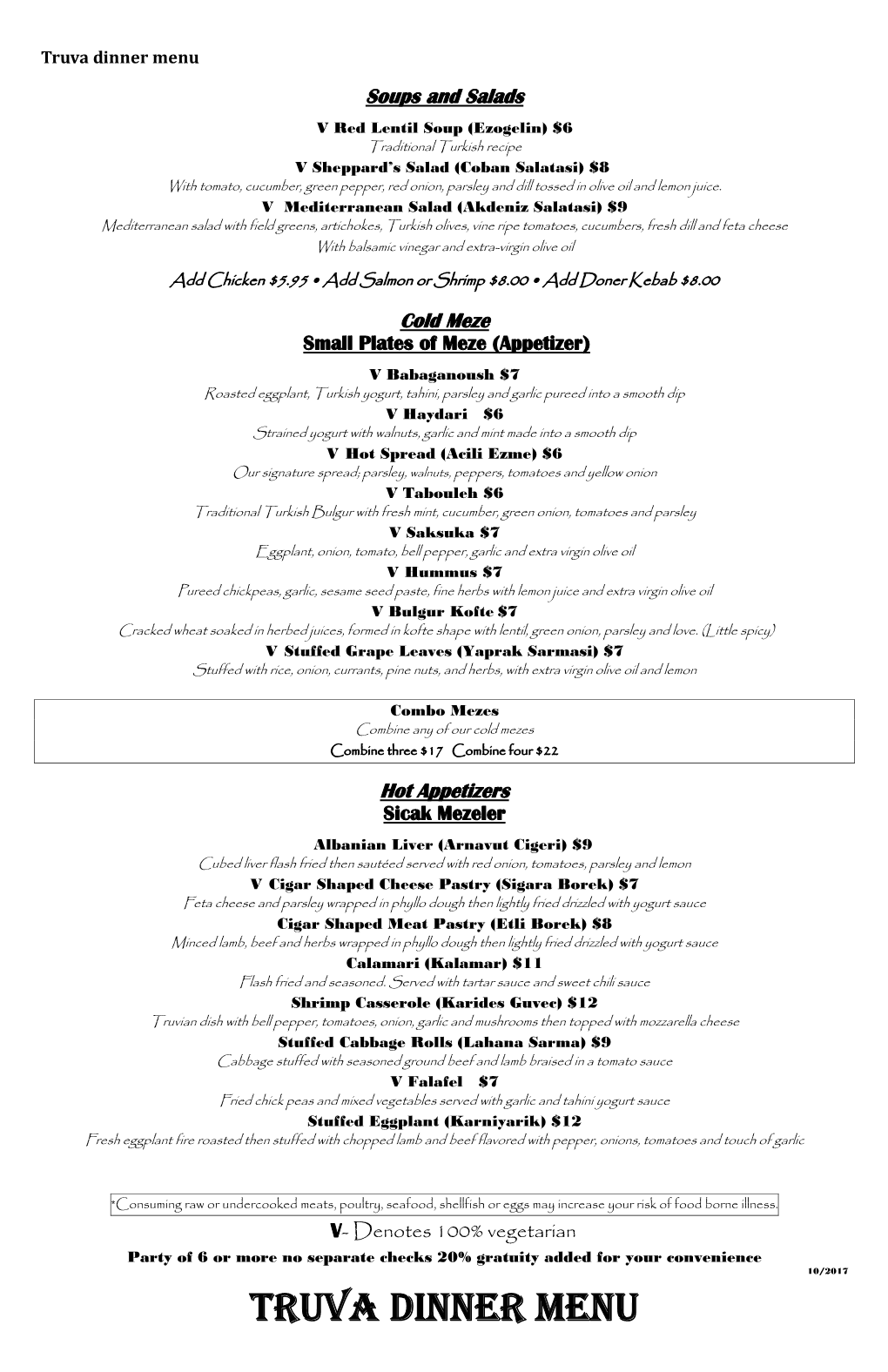 Truva Dinner Menu