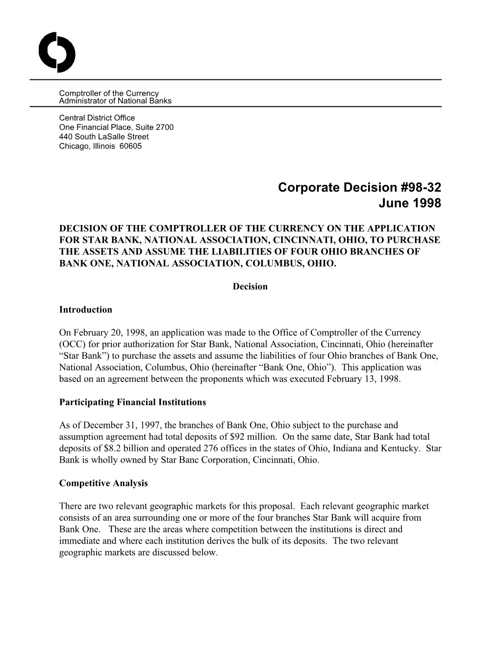 Corporate Decision #98-32 June 1998