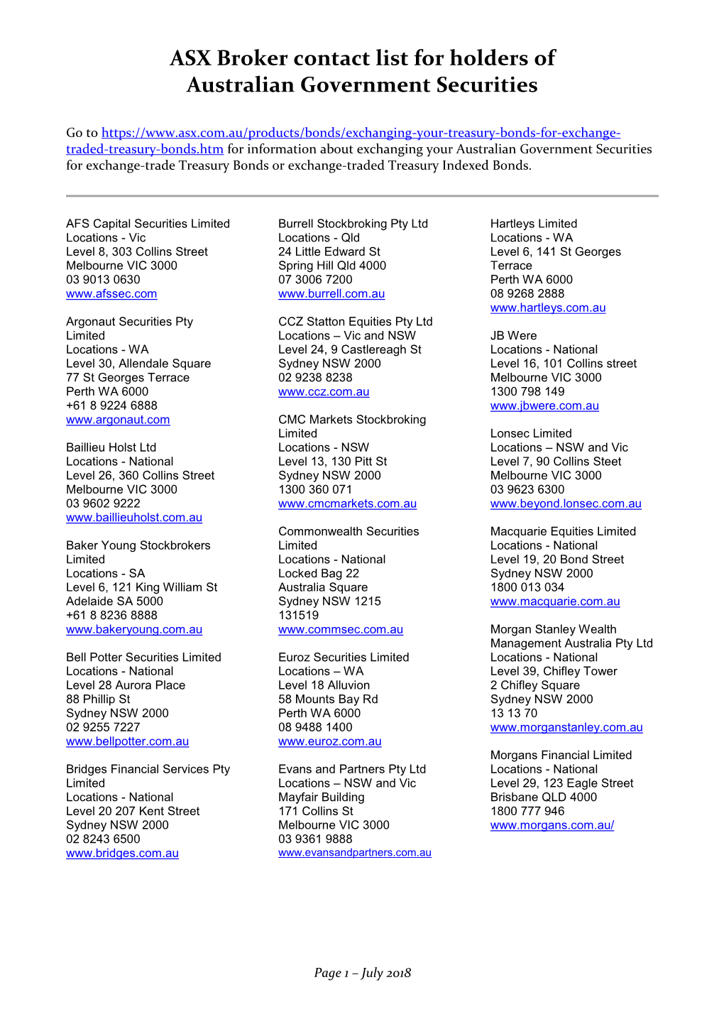 ASX Broker Contact List for Holders of Australian Government Securities