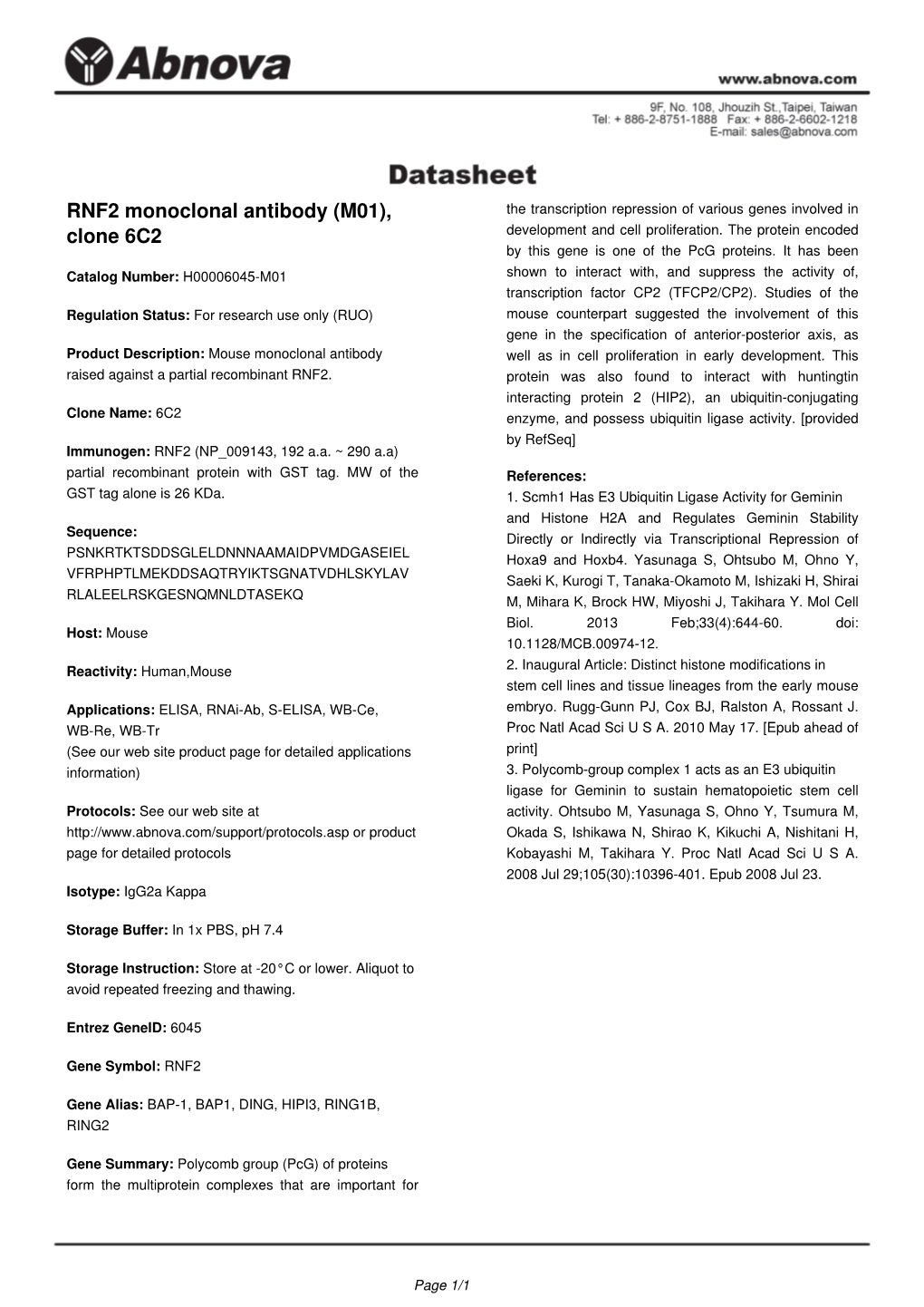 RNF2 Monoclonal Antibody (M01), Clone
