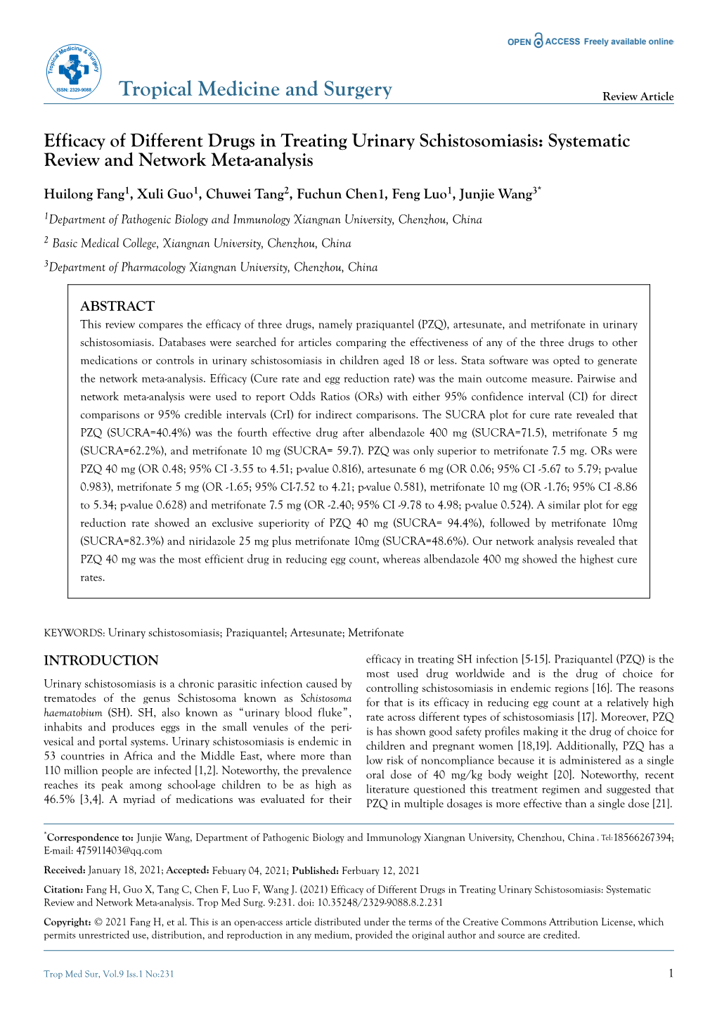 Efficacy of Different Drugs in Treating Urinary Schistosomiasis: Systematic Review and Network Meta-Analysis