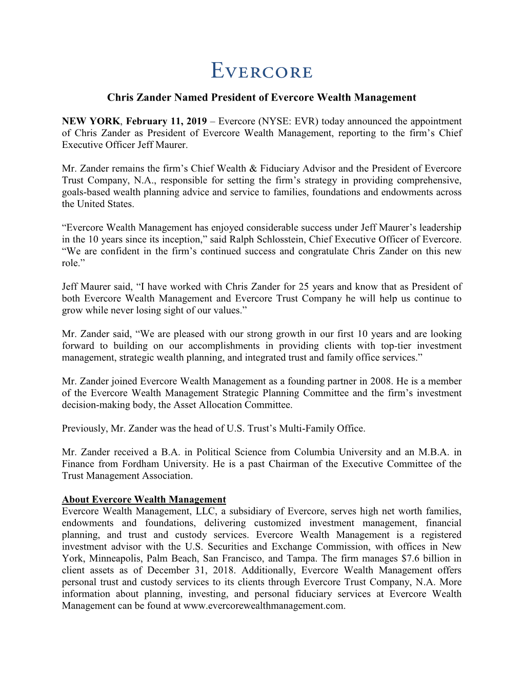 Chris Zander Named President of Evercore Wealth Management