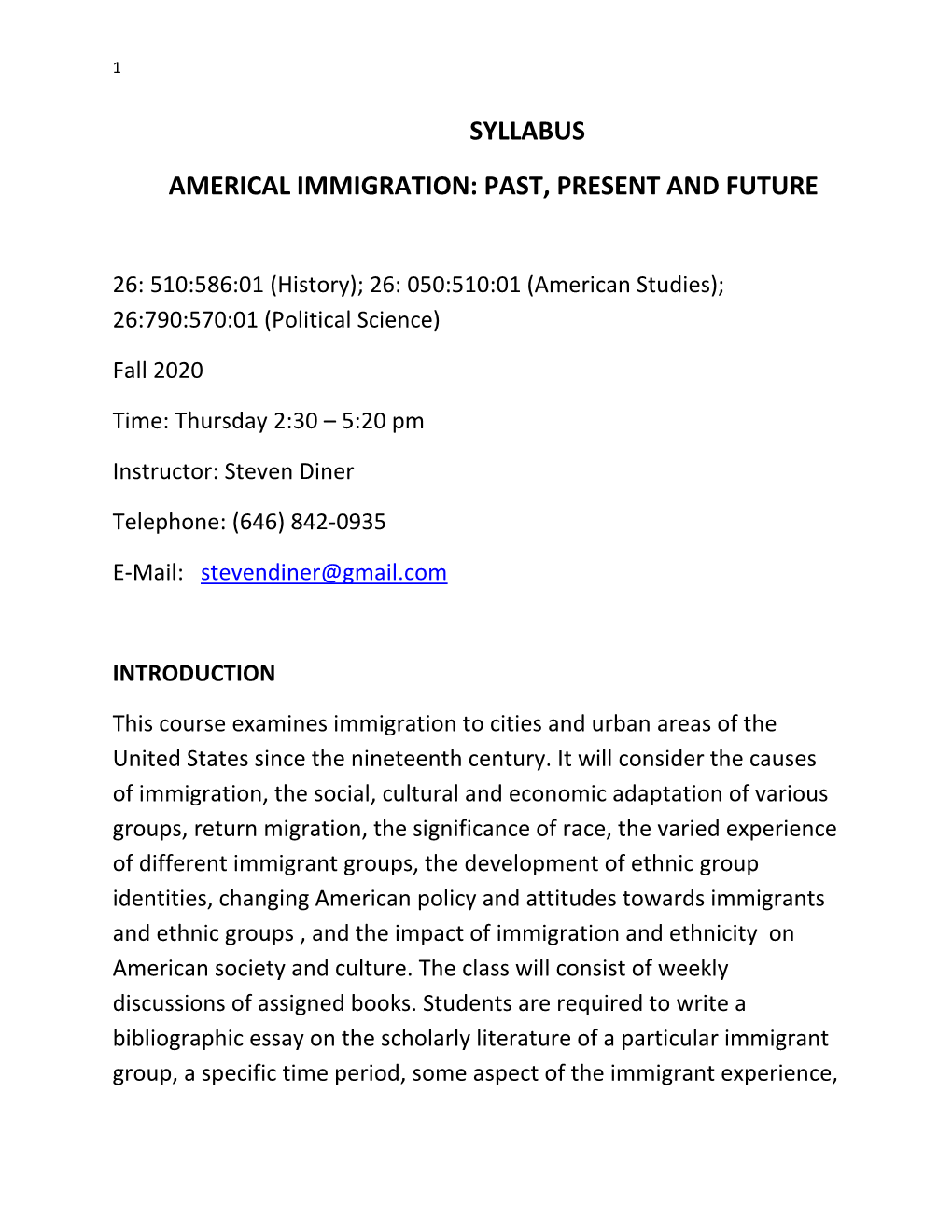 Syllabus Americal Immigration: Past, Present and Future