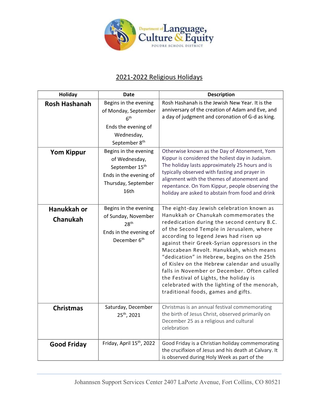 2021-22 Religious Holidays