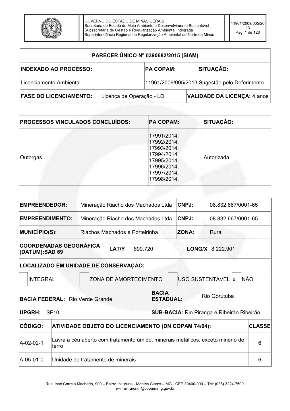 SITUAÇÃO: Licenciamento Ambiental 11961/2009/005/2013 S