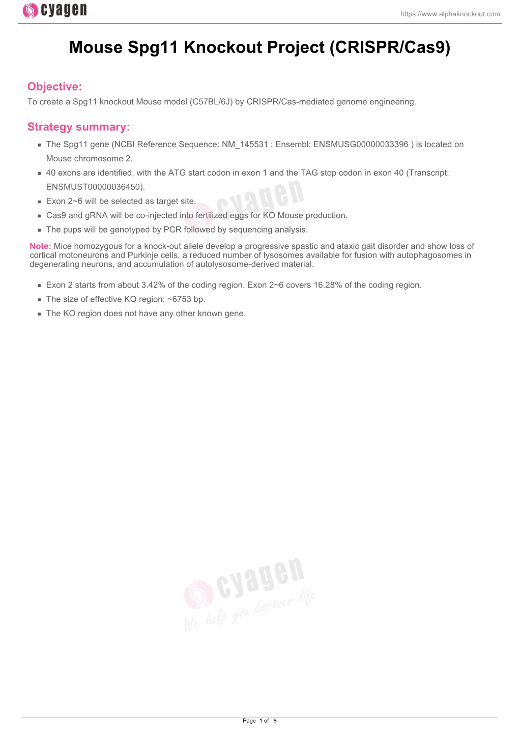 Mouse Spg11 Knockout Project (CRISPR/Cas9)