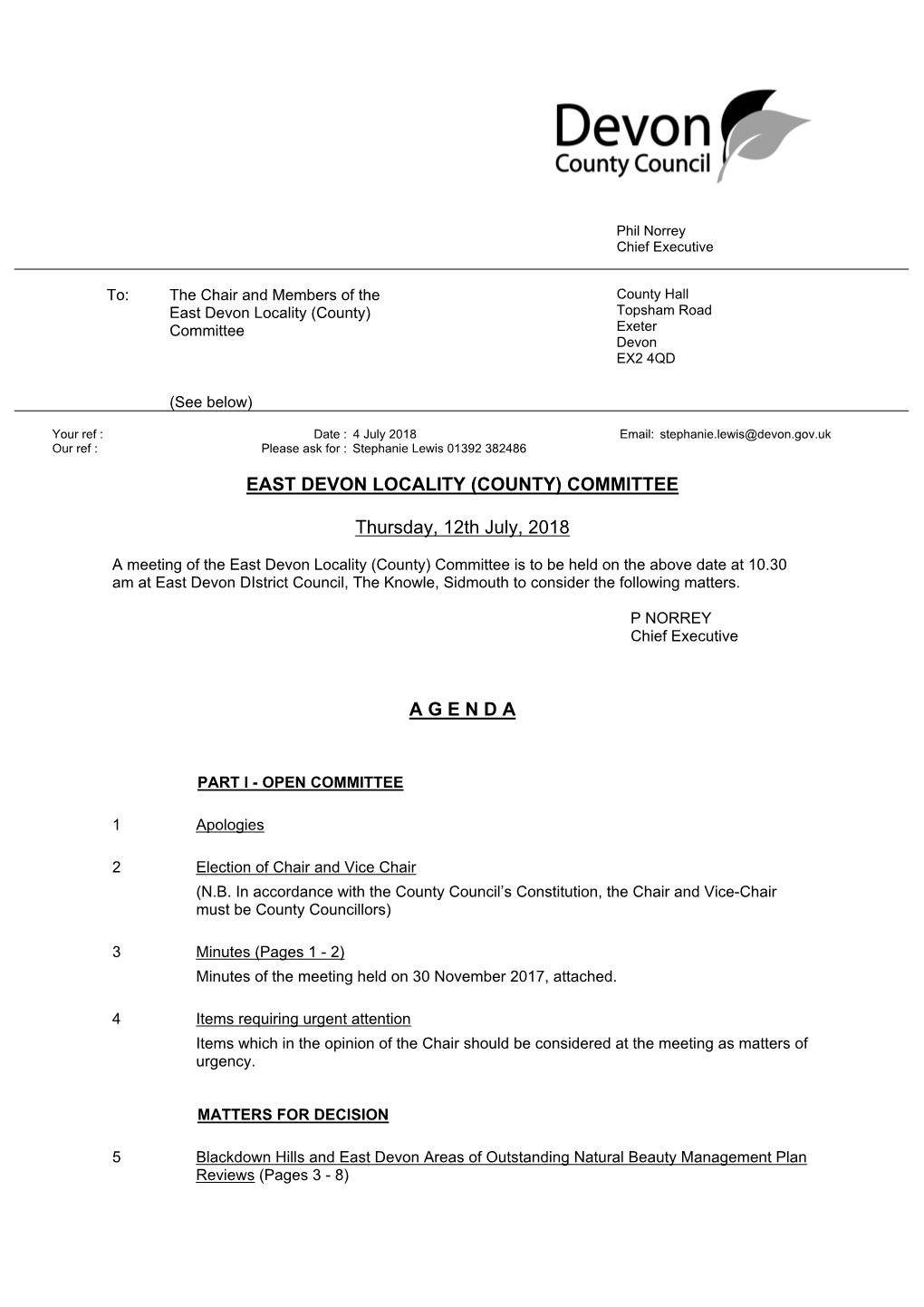 (Public Pack)Agenda Document for East Devon Locality (County) Committee, 12/07/2018 10:30