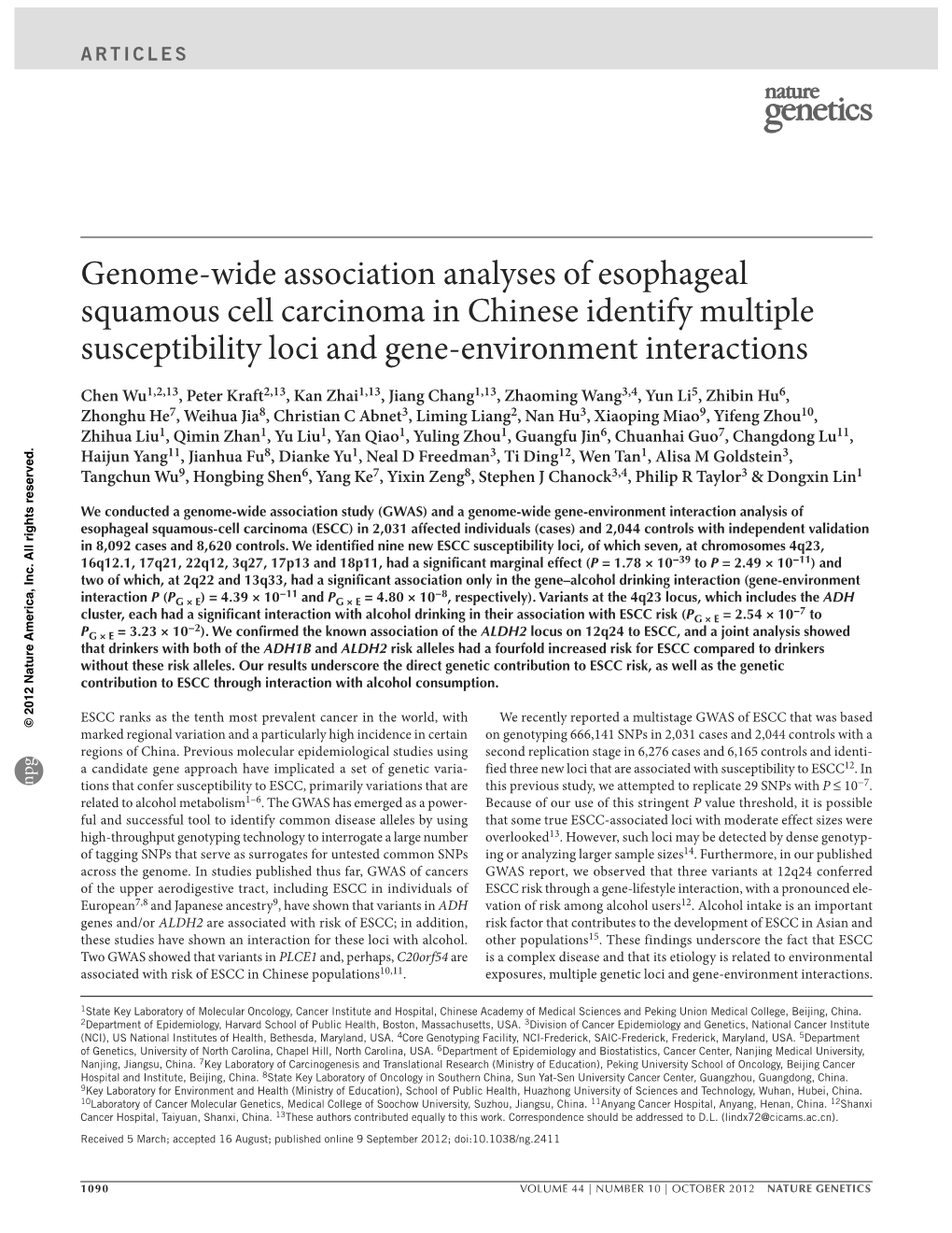 Genome-Wide Association Analyses of Esophageal Squamous Cell Carcinoma in Chinese Identify Multiple Susceptibility Loci and Gene-Environment Interactions