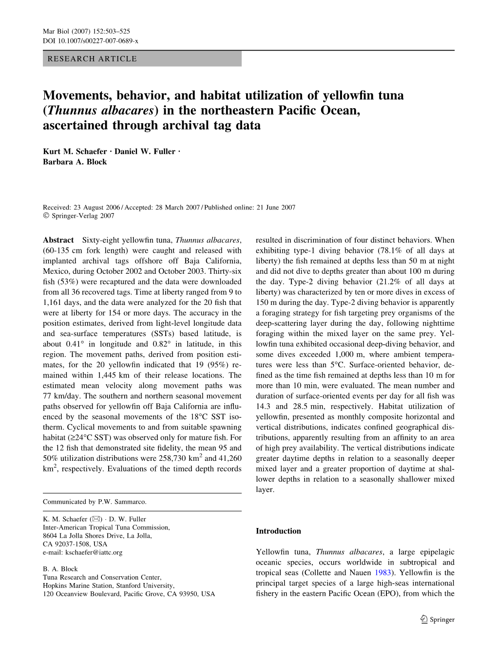 Movements, Behavior, and Habitat Utilization of Yellowfin Tuna
