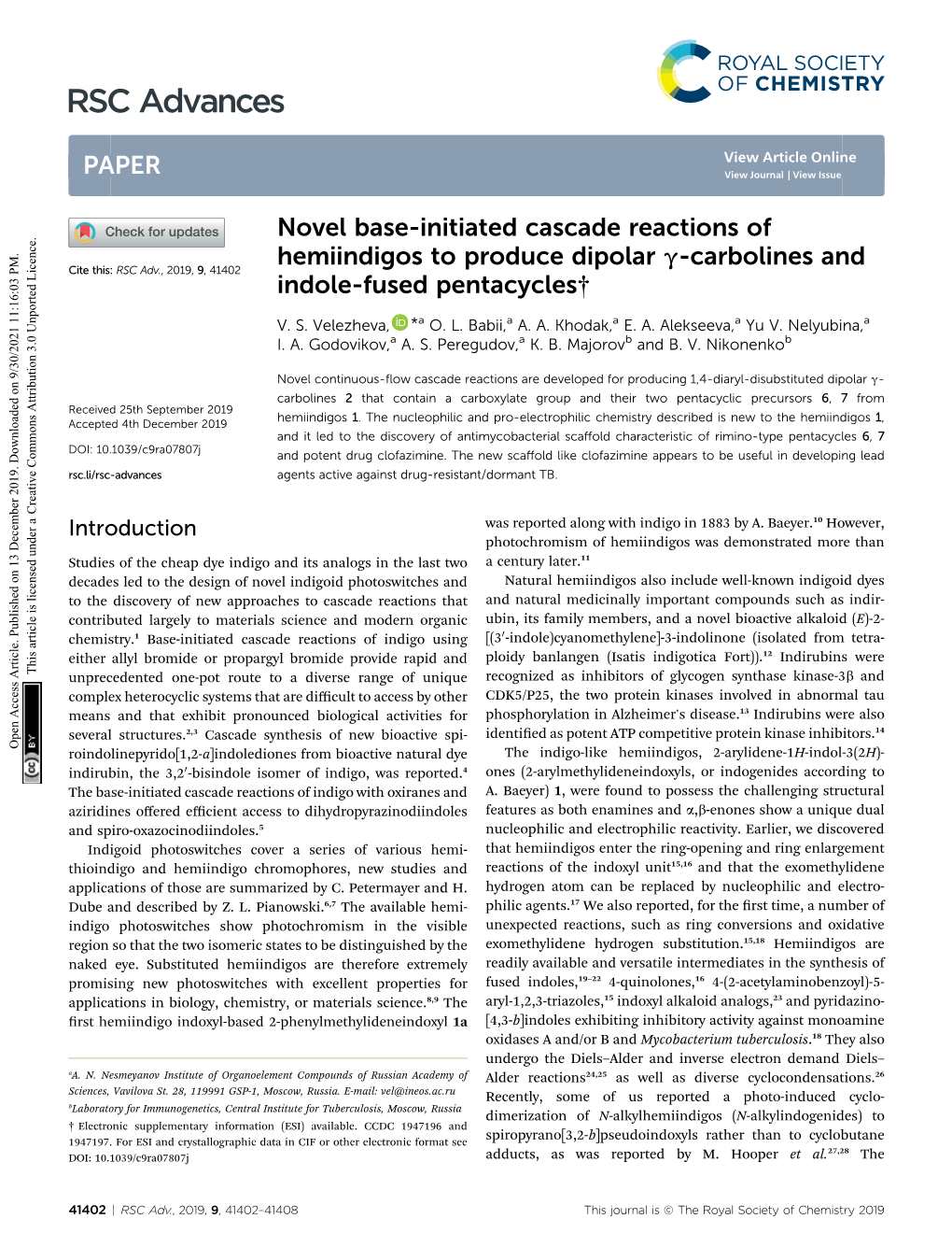 Novel Base-Initiated Cascade Reactions of Hemiindigos to Produce Dipolar G-Carbolines and Cite This: RSC Adv.,2019,9,41402 Indole-Fused Pentacycles†