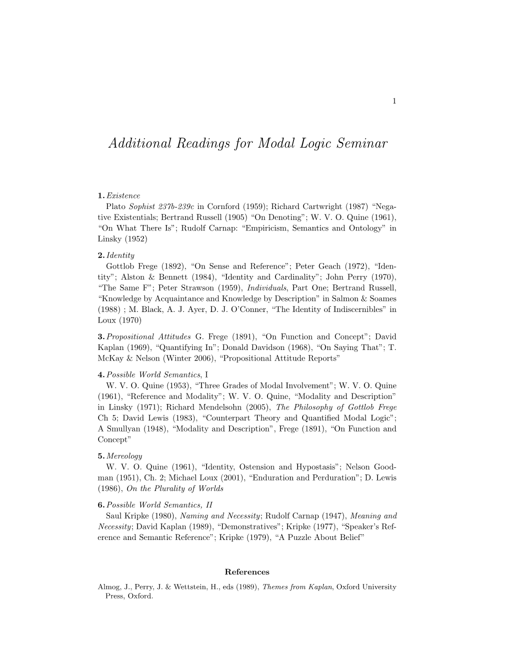 Additional Readings for Modal Logic Seminar