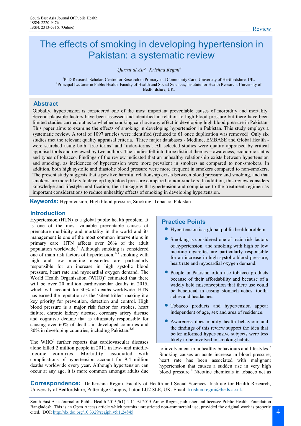 The Effects of Smoking in Developing Hypertension in Pakistan: a Systematic Review