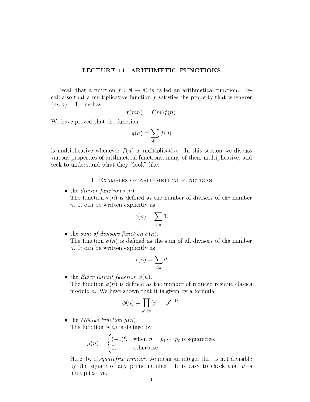 LECTURE 11: ARITHMETIC FUNCTIONS Recall That a Function F