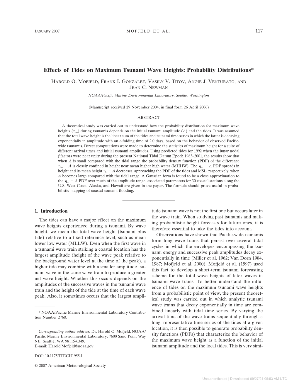 Effects of Tides on Maximum Tsunami Wave Heights: Probability Distributions*