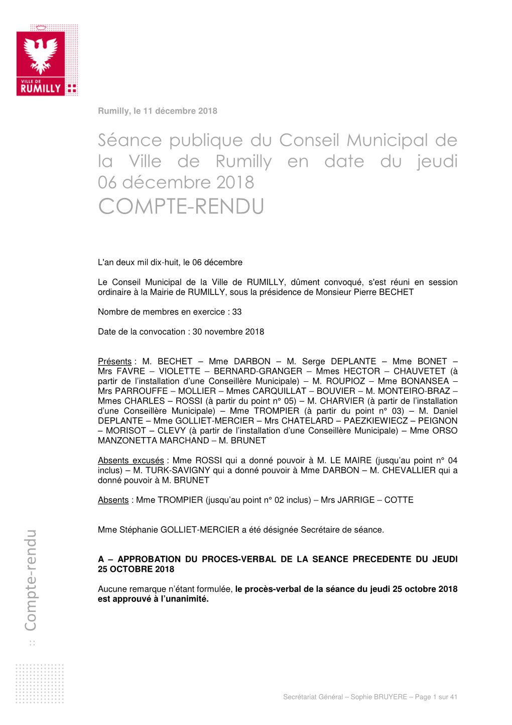 Compte Rendu Du Conseil Municipal Du 06 Décembre 2018