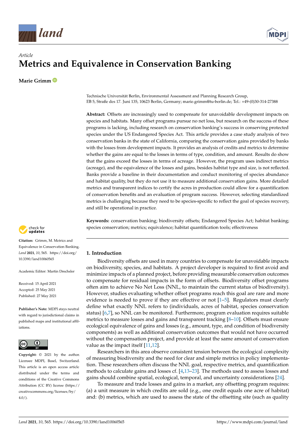 Metrics and Equivalence in Conservation Banking