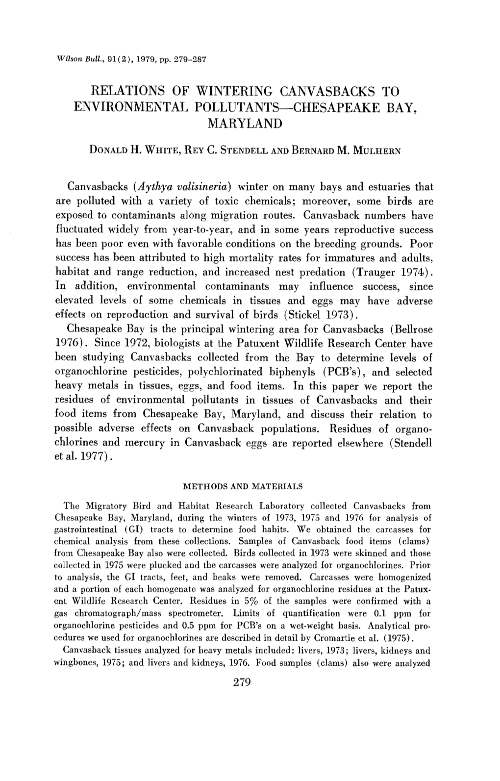 Relations of Wintering Canvasbacks to Environmental Pollutants-Chesapeake Bay, Maryland