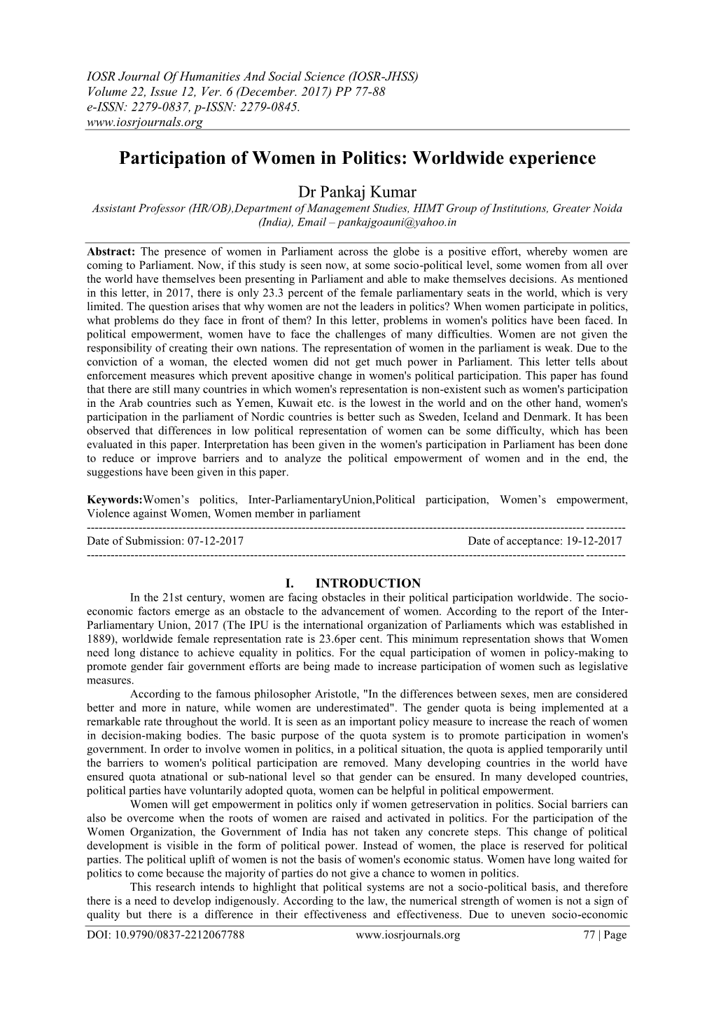 Participation of Women in Politics: Worldwide Experience