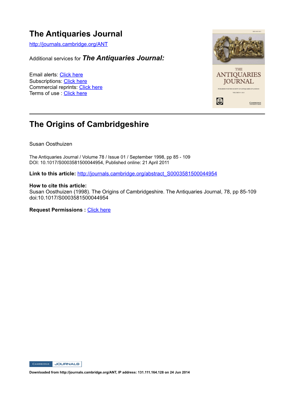 The Antiquaries Journal the Origins of Cambridgeshire