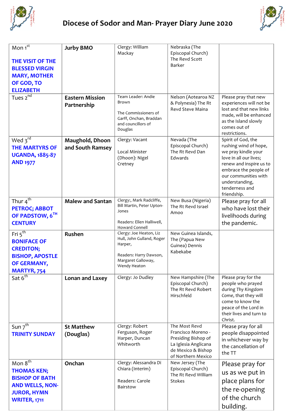 Diocese of Sodor and Man- Prayer Diary June 2020