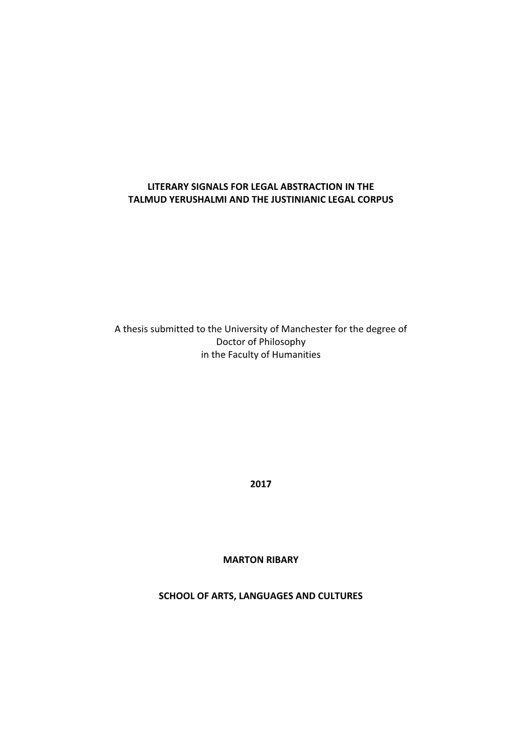 Literary Signals for Legal Abstraction in the Talmud Yerushalmi and the Justinianic Legal Corpus