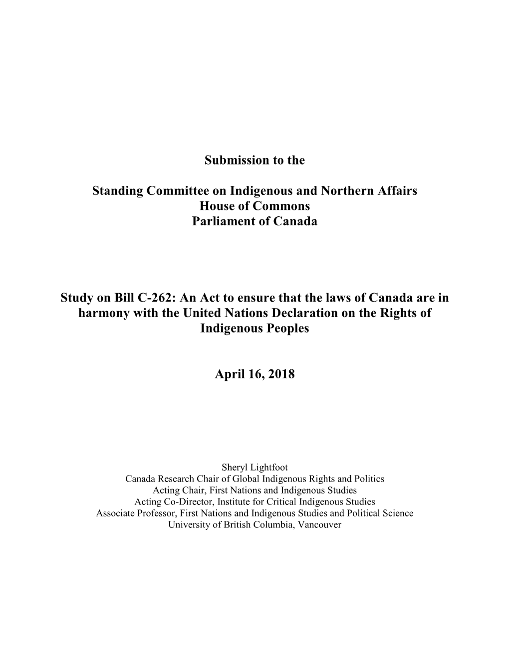 Submission to the Standing Committee on Indigenous And