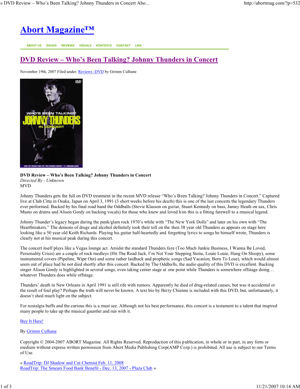 DVD Review – Who's Been Talking? Johnny Thunders in Concert