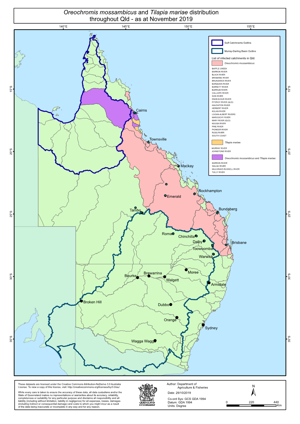 Oreochromis Mossambicus and Tilapia Mariae Distribution Throughout Qld - As at November 2019 140°E 145°E 150°E 155°E