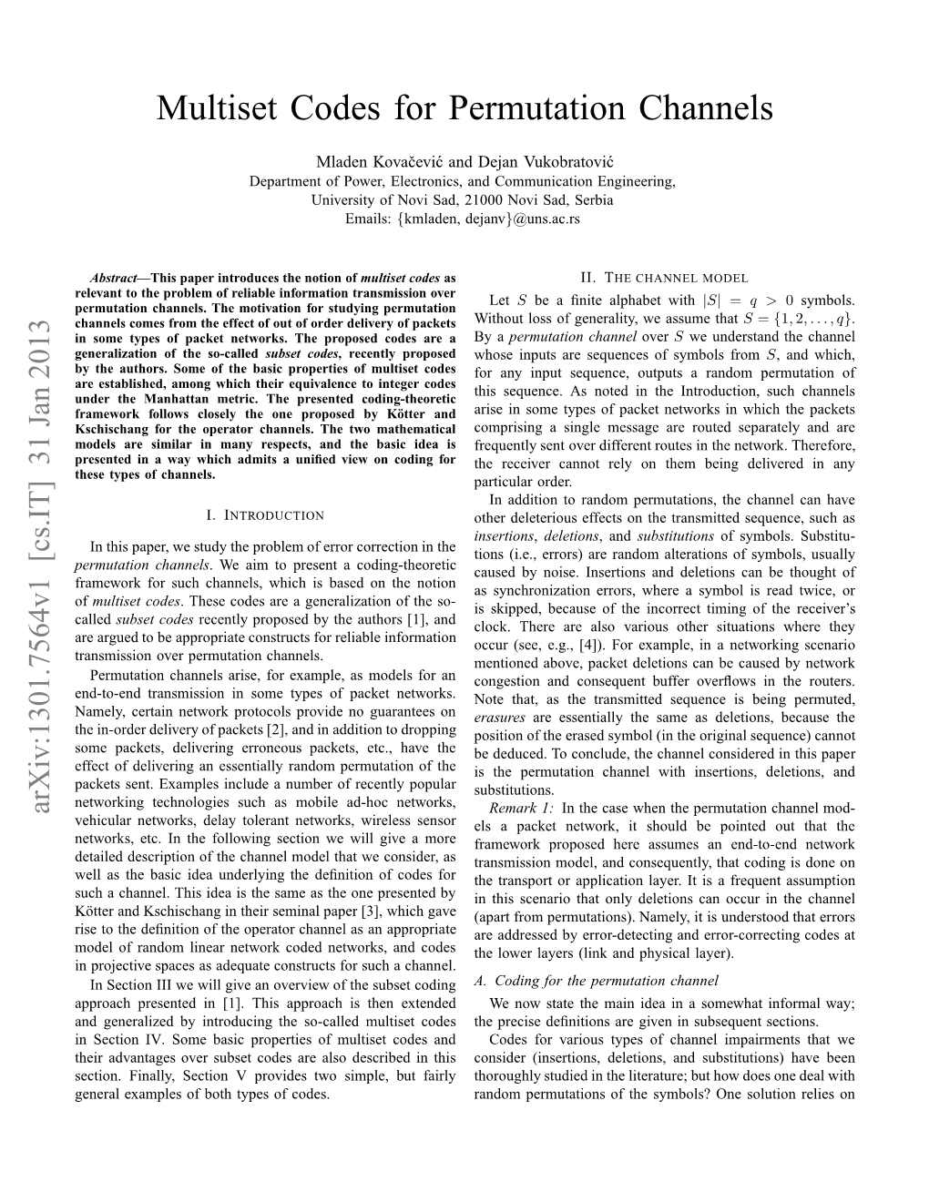 Multiset Codes for Permutation Channels