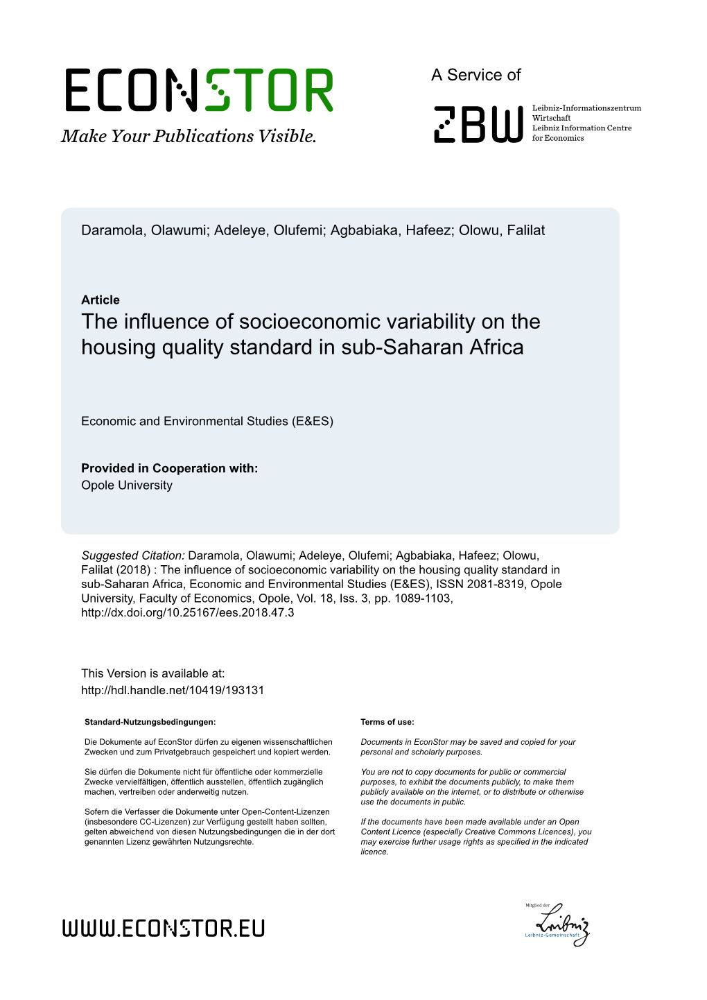 The Influence of Socioeconomic Variability on the Housing Quality Standard in Sub-Saharan Africa
