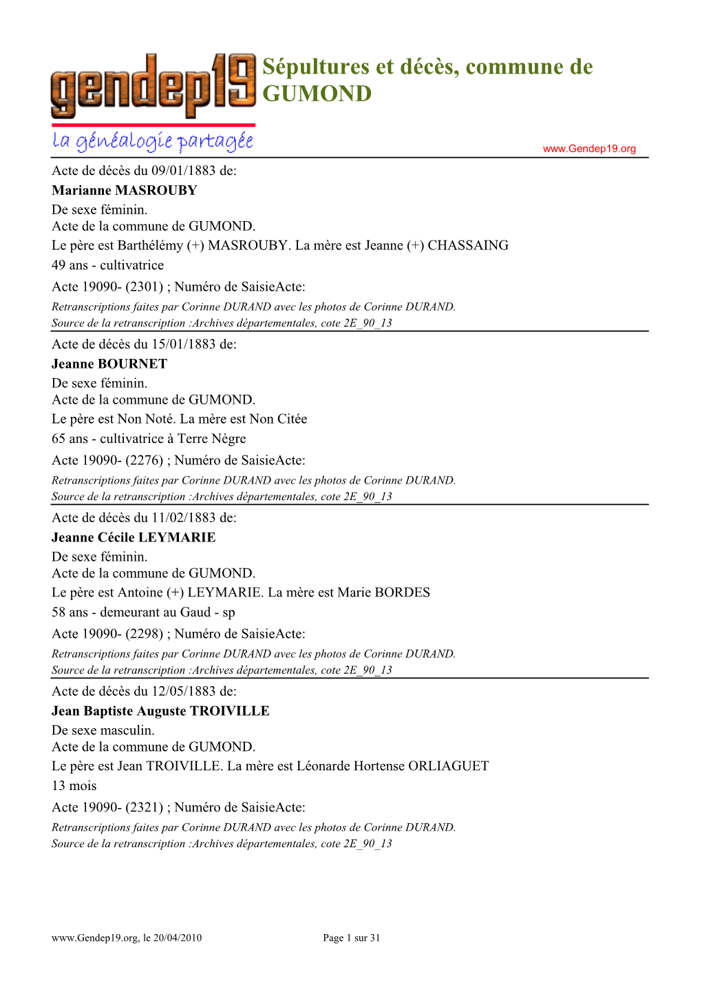 Sépultures Et Décès, Commune De GUMOND