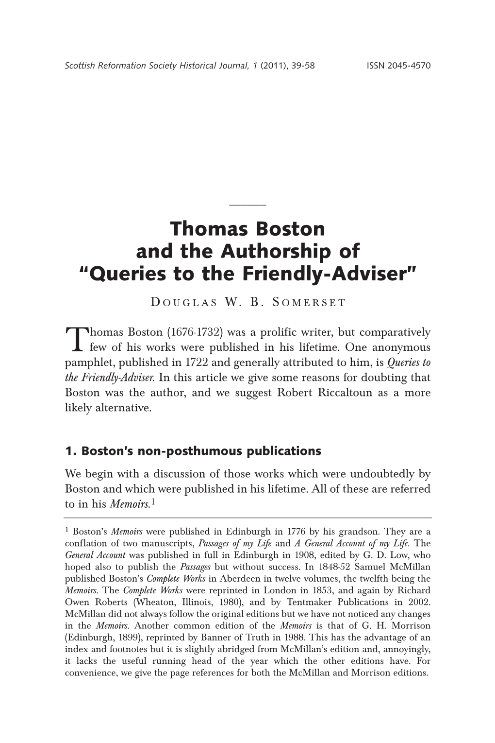 Thomas Boston and the Authorship of “Queries to the Friendly-Adviser”