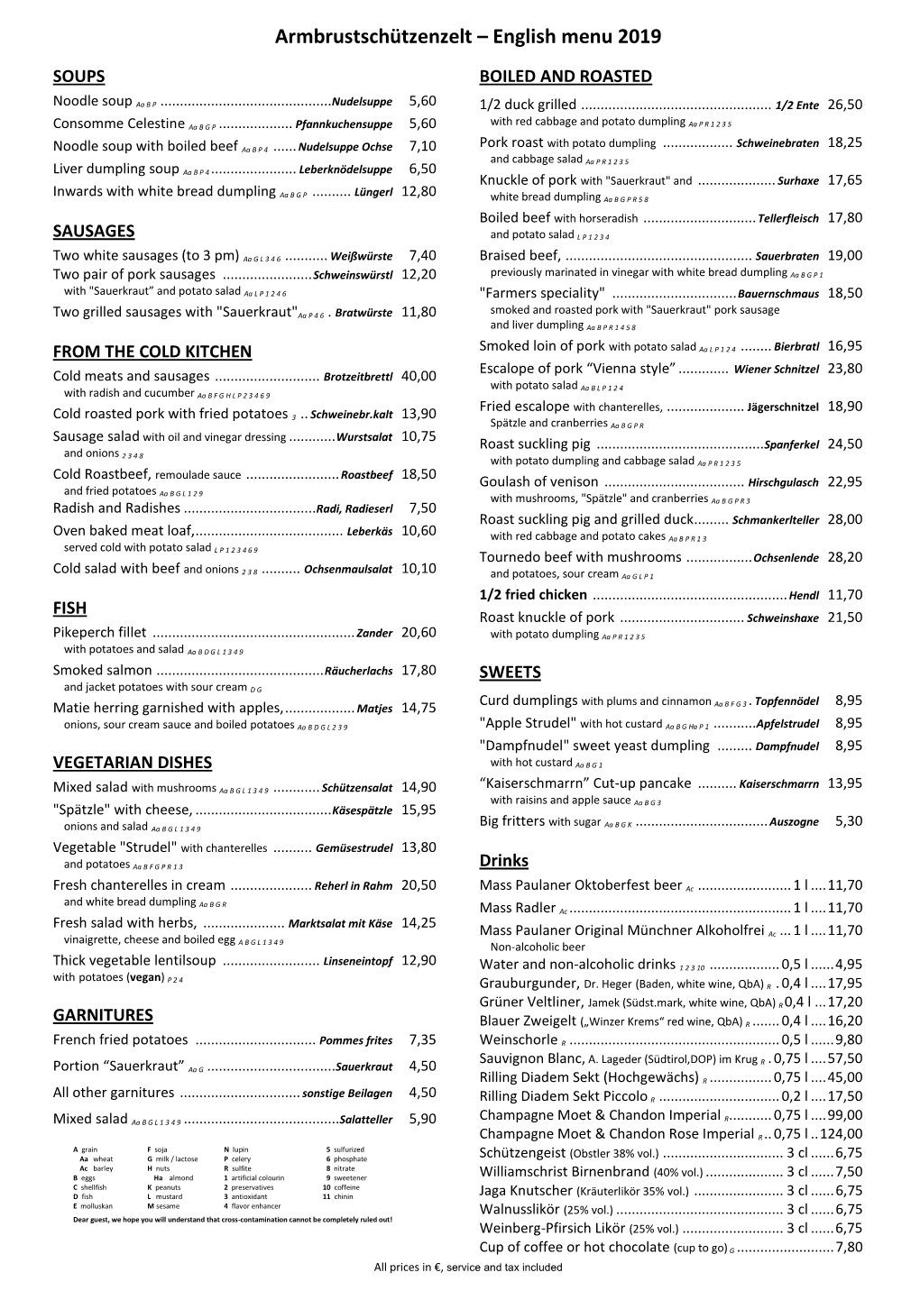 Armbrustschützenzelt – English Menu 2019