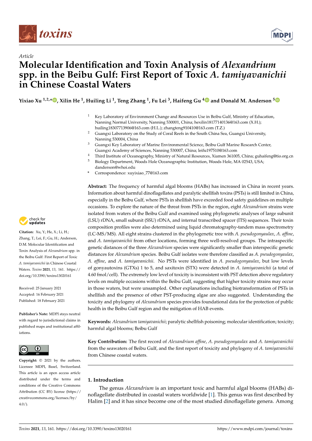 Molecular Identification and Toxin Analysis of Alexandrium Spp