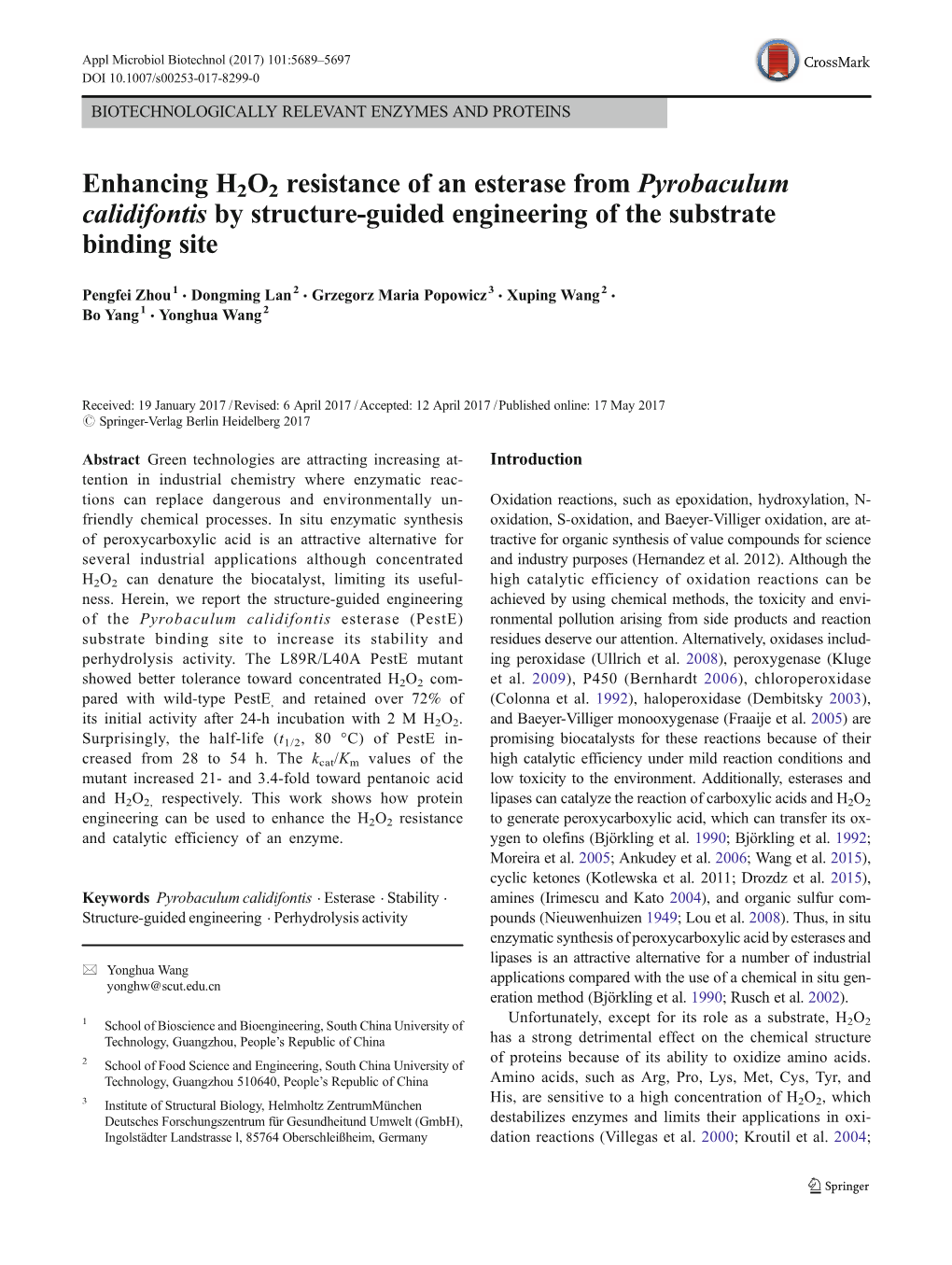 Enhancing H2O2 Resistance of an Esterase from Pyrobaculum Calidifontis by Structure-Guided Engineering of the Substrate Binding Site