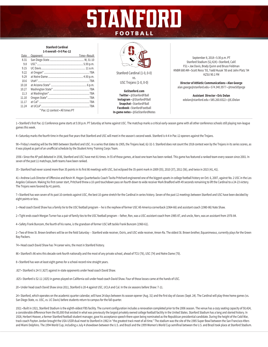 Stanford Cardinal 1-0 Overall • 0-0 Pac-12 Date Opponent Time • Result September 8, 2018 • 5:30 P.M