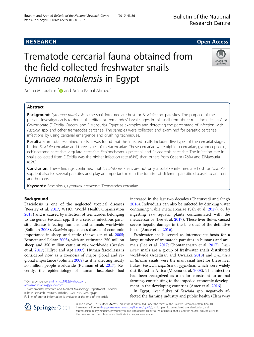 Trematode Cercarial Fauna Obtained from the Field-Collected Freshwater Snails Lymnaea Natalensis in Egypt Amina M