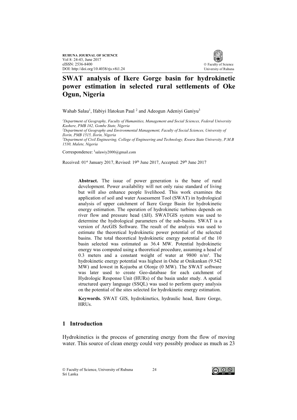 SWAT Analysis of Ikere Gorge Basin for Hydrokinetic Power Estimation in Selected Rural Settlements of Oke Ogun, Nigeria