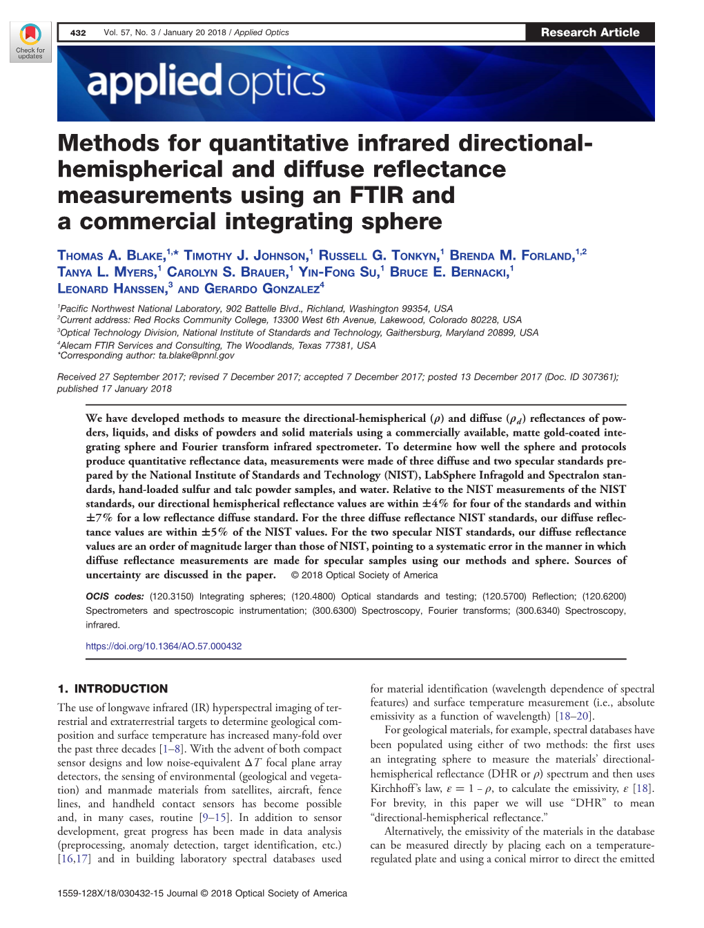 Hemispherical and Diffuse Reflectance Measurements Using an FTIR and a Commercial Integrating Sphere