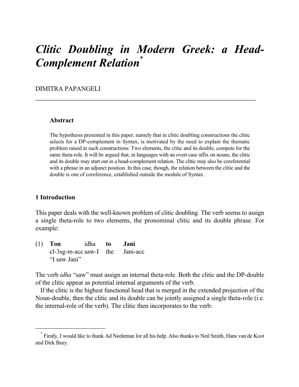 Clitic Doubling in Modern Greek: a Head- Complement Relation*