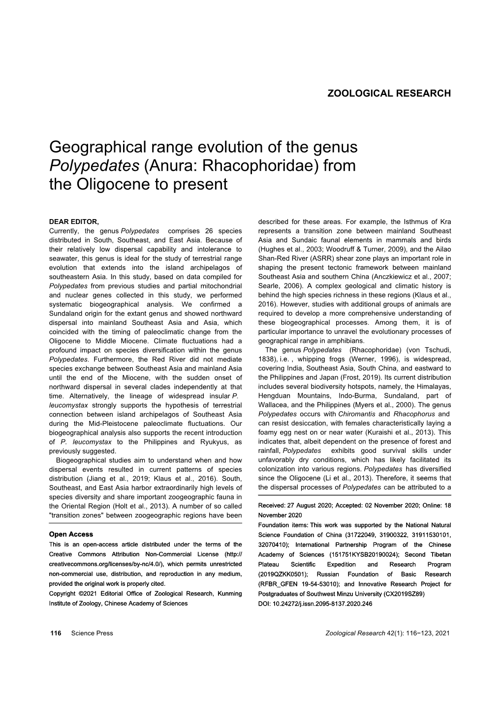 Geographical Range Evolution of the Genus Polypedates (Anura: Rhacophoridae) from the Oligocene to Present
