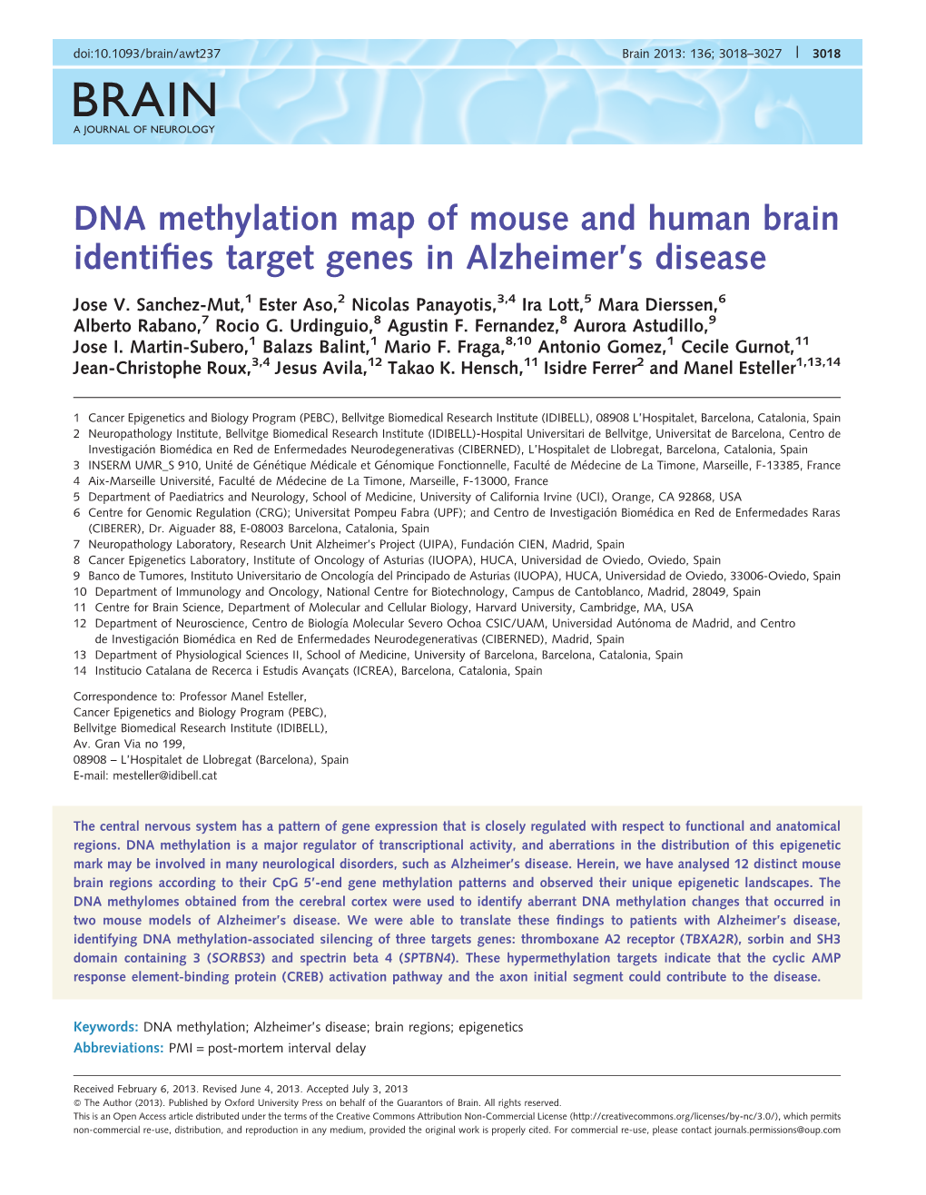 DNA Methylation Map of Mouse and Human Brain Identifies Target Genes in Alzheimer's Disease