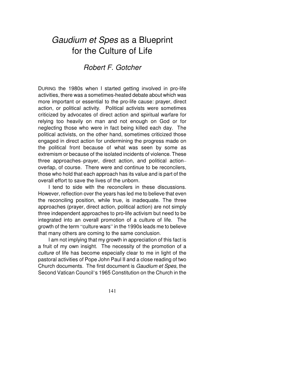 Gaudium Et Spes As a Blueprint for the Culture of Life