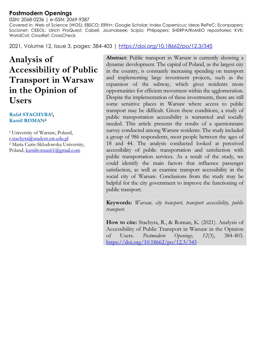 Analysis of Accessibility of Public Transport in Warsaw in the Opinion of Users